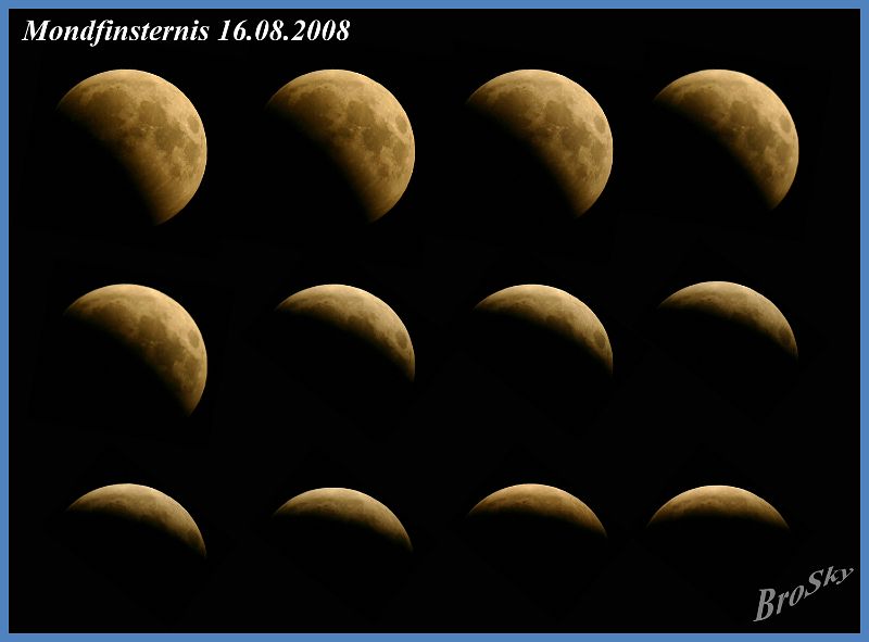 Mondfinsternis_160808.jpg -    Mondfinsternis am 16. August 2008    Aufnahmeort: Bollensen Aufnahmedatum: 16.08.2008 Belichtung: Mosaik aus Bildern mit 1/100 bis 1/30 sec Optik: Vixen ED81S Kamera: Canon 300D 