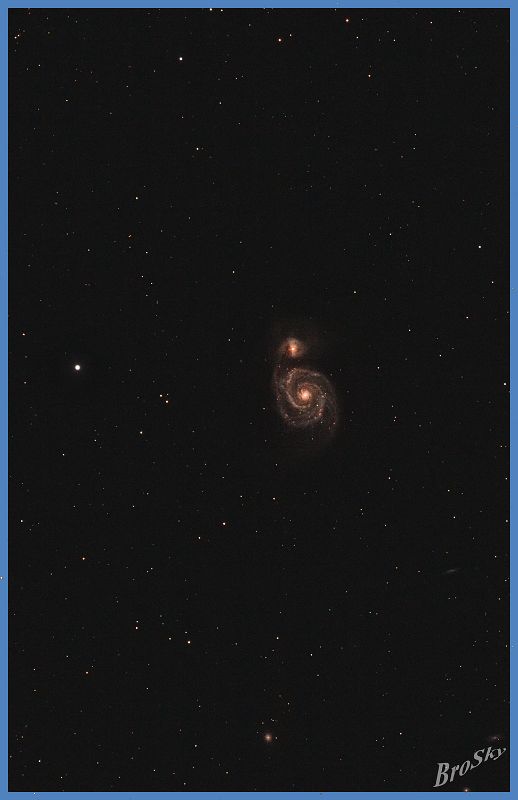 M51_040610.jpg -    Objekt: M51 - Whirlpool Galaxie    Sternbild: Ursa Major - großer Bär Aufnahmeort: Senden Aufnahmedatum: 04.06.2010 Belichtung: 12 x 300 sec Optik: Takahashi 120 TSA mit TS 2,5'' Flattener Kamera: Canon 400D Astro mit Lumicon Deep Sky Filter 