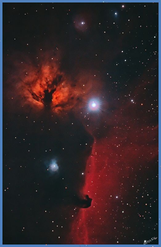 NGC2024_210309.jpg -    Objekt: NGC2024 – Flammennebel mit Pferdekopfnebel    Sternbild: Orion – Orion Aufnahmeort: Bollensen Aufnahmedatum: 21.03.2009 Belichtung: 11 x 300 sec Optik: 127 mm Meade Triplett Apo Kamera: Canon 400D Astro mit Lumicon Deep Sky Filter 